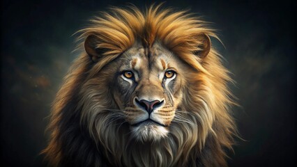 Fototapeta premium A striking portrait of a male lion, the king of the jungle, with a wild mane and dangerous, feline face