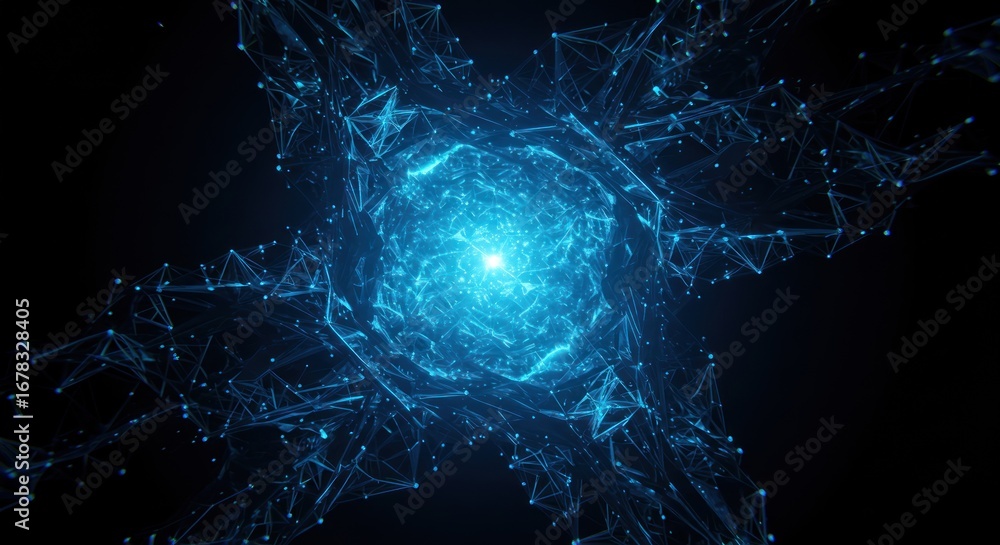 Poster abstract glowing blue energy forms converge in a symmetrical, fractal pattern against a dark backgro