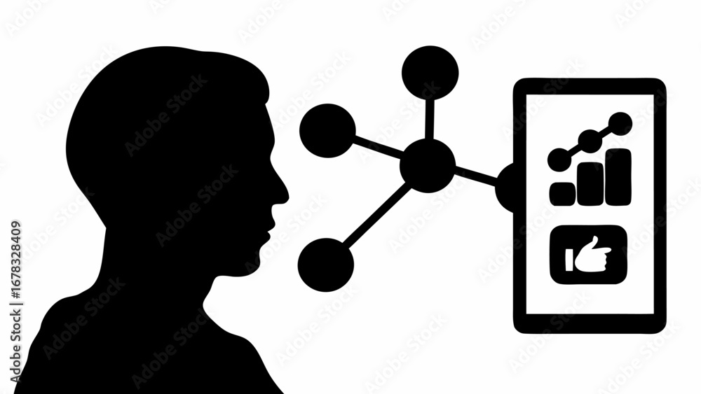Aufkleber silhouette of person looking at a network connected to a tablet displaying a chart and like icon