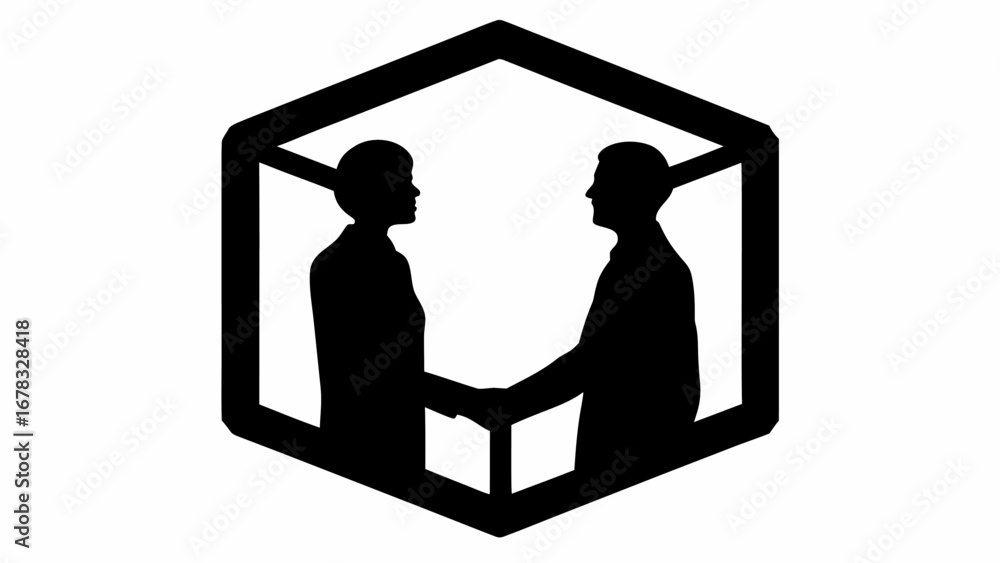 Poster silhouette of two people shaking hands inside a hexagon shaped frame in black and white color scheme