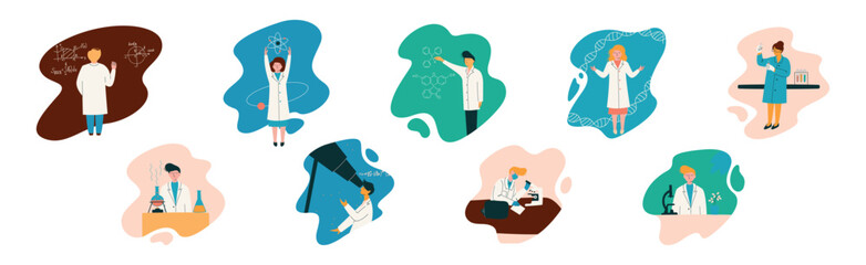 Scientist People Character Do Research in Laboratory Vector Set