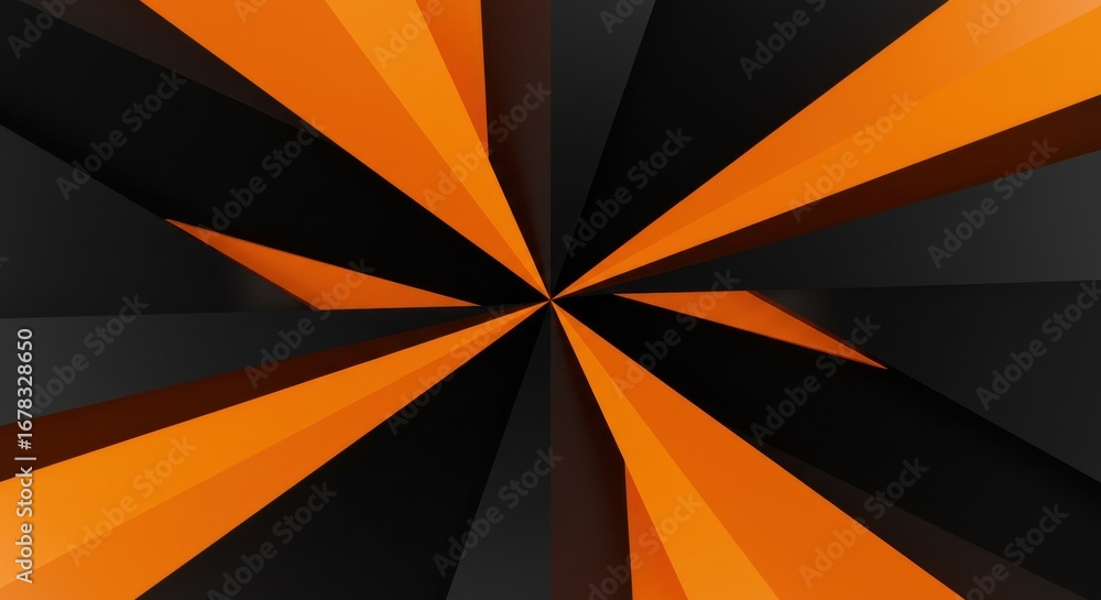 Poster abstract geometric pattern with radiating orange and black shapes converging towards a central point