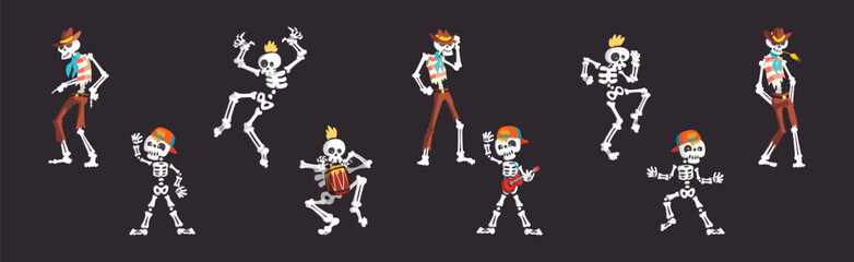 Fototapeta premium Funny Skeleton Character with Bone and Skull Vector Set