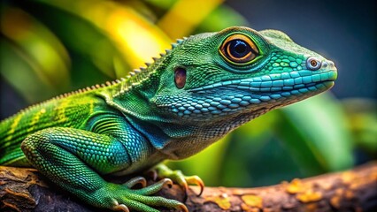 Fototapeta premium Green scaly iguana on a tropical tree branch