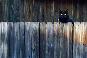 Playful black cat peeking over rustic wooden fence