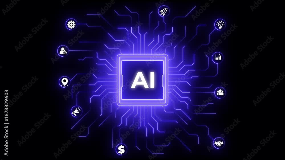 Poster glowing ai text with a futuristic and digital aesthetic, ai agent- businessman working with virtual 