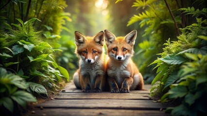 Naklejka premium A red fox cub sitting in the forest, a wild animal with a furry tail and bright eyes