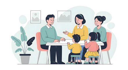 Fototapeta premium A modern illustration of a diverse family enjoying a meal together around a dining table