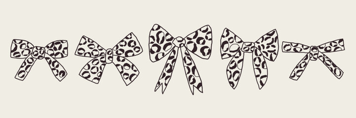 Leopard Bow Pattern Print Animal Sketch Set. Cute Ribbon Graphic Collection. Hand Drawn Vector Design Clipart
