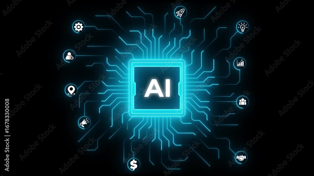 Poster glowing ai text with a futuristic and digital aesthetic, ai agent- businessman working with virtual 