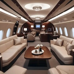 Luxurious Private Jet Interior with Comfortable Seating and Elegant Lighting