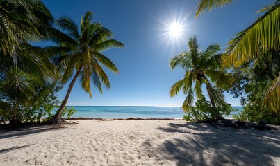 A tropical landscape under blazing sunlight, bright blue sky with no clouds