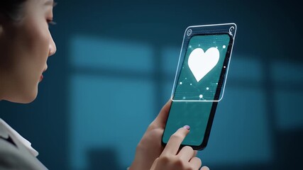 Woman Using Smartphone with Heart Icon on Screen, Closeup - Powered by Adobe