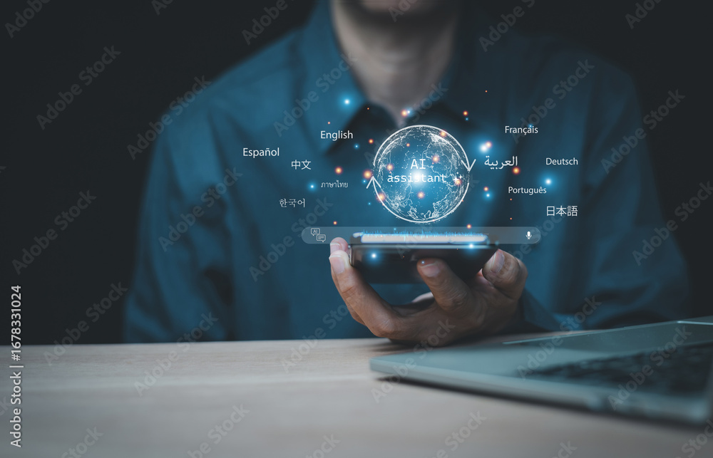 Poster user use an ai assistant on a smartphone for language translation. a futuristic globe hologram shows