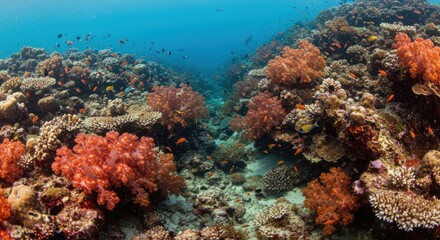 Naklejka premium Vibrant coral reef ecosystem with diverse marine life, soft corals, and clear blue water.