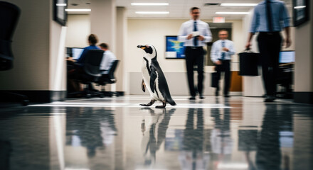 Fototapeta premium Penguin's Bold Stroll in Business World: An unexpected encounter with a penguin adds a surreal touch to a bustling office environment.