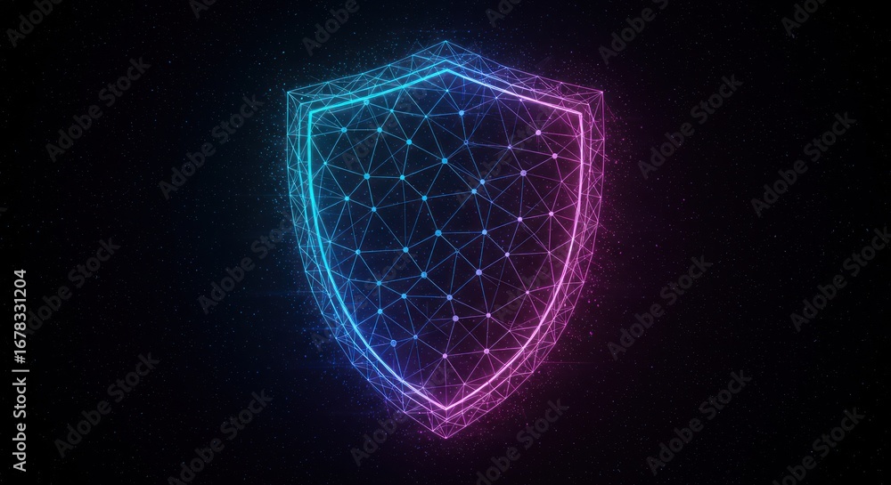 Aufkleber glowing shield icon composed of interconnected dots and lines, symbolizing security and protection.