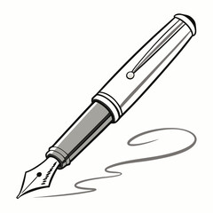 Classic fountain pen with a silver clip and nib writing a swirl on a white background