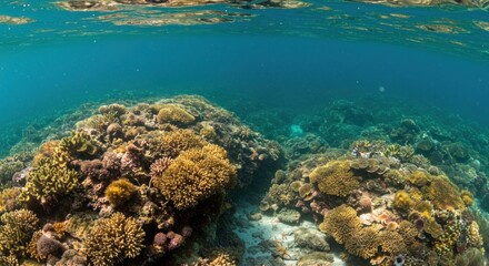 Fototapeta premium Underwater view of a vibrant coral reef with clear blue water above, showcasing diverse marine life and formations.