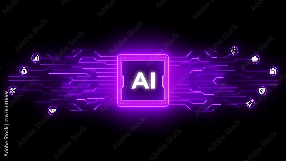 Poster glowing ai text with a futuristic and digital aesthetic, ai agent- businessman working with virtual 
