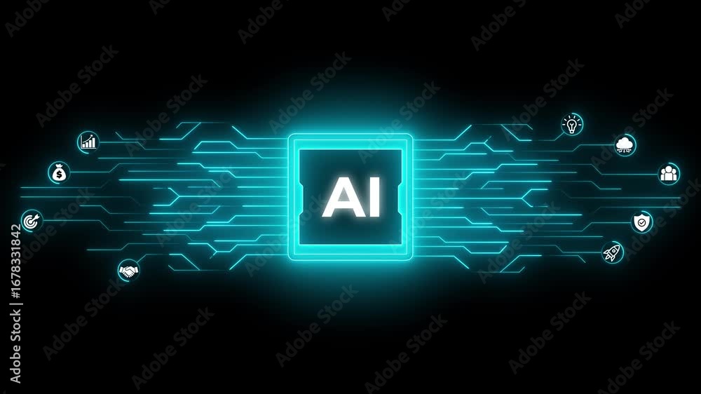 Poster glowing ai text with a futuristic and digital aesthetic, ai agent- businessman working with virtual 