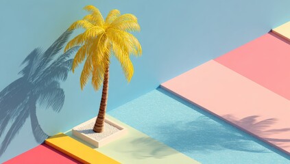Pastel geometric background with a vibrant yellow palm tree and shadow