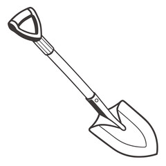 Simple black and white line drawing of a garden shovel with a d shaped handle on a white background