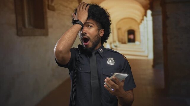 African american male police officer outdoors at old university looks surprised examining notes, showcasing a moment of realization in a historical academic setting.