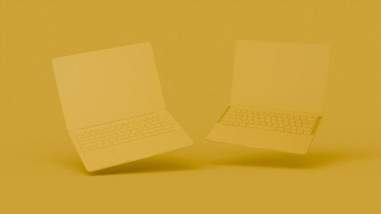 3D render of two laptops floating against a monochrome yellow background