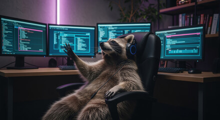 Coding Raccoon at Desk: A charming raccoon immersed in coding on multiple computer screens at desk with headphones, capturing the playful side of technology and expertise in a whimsical scene.