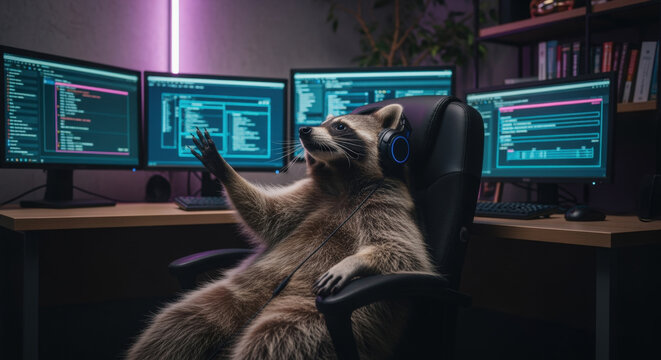Coding Raccoon at Desk: A charming raccoon immersed in coding on multiple computer screens at desk with headphones, capturing the playful side of technology and expertise in a whimsical scene. - Powered by Adobe