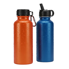 Title: Two Reusable Water Bottles with Cold Droplets on White Background
