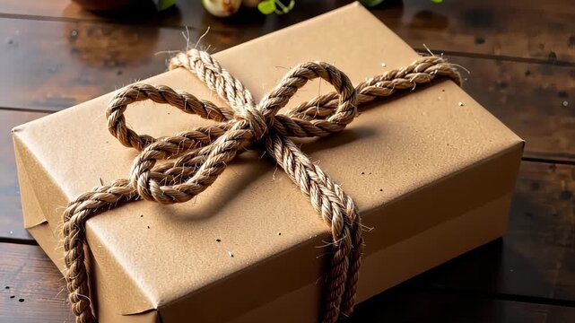 Rustic Brown Gift Box Wrapped with Simple Natural Twine Bow on Wooden Table Surface with Subtle Background Accents and Soft Lighting Effects