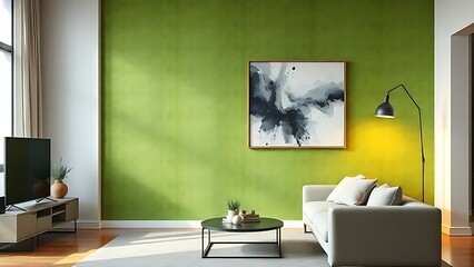 A modern living space features a textured green wall with abstract art, bathed in ambient glow.