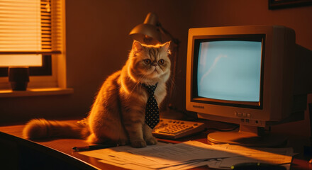 Cat CEO at a Retro PC: A sophisticated Persian cat, donning a smart tie, commands attention at a vintage computer, presenting a blend of feline charm and nostalgic tech aesthetics.