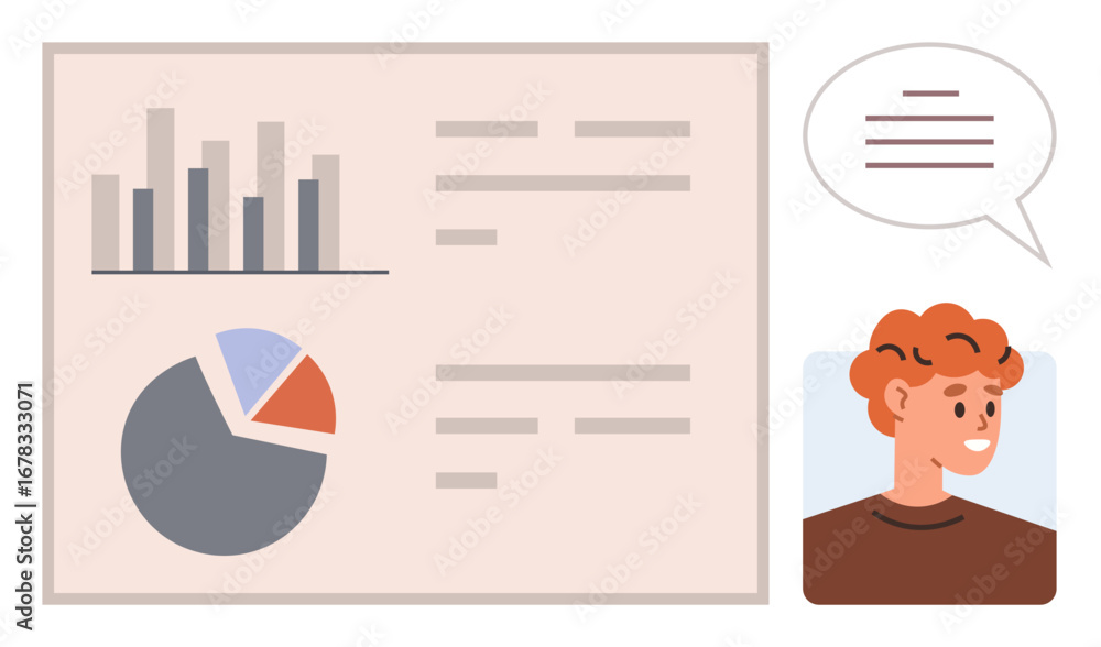 Poster bar chart and pie chart on displayed data with a smiling person communicating via speech bubble. ide