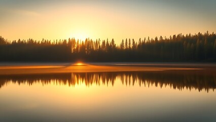 Fototapeta premium Serene forest scene mirrored in a calm lake, bathed in golden sunlight for a peaceful natural moment.