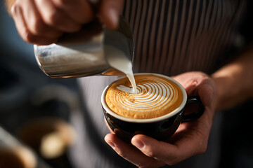 Barista pours steamed milk into a cup of coffee, creating latte art