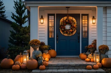 Cozy Autumn Farmhouse Porch with Pumpkins, Lantern, and Wreath at Golden Hour