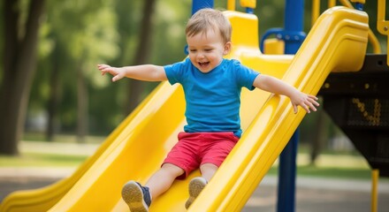 Fototapeta premium Excited Toddler Having Fun on a Yellow Playground Slide on a Sunny Day