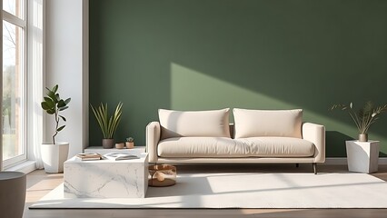 Contemporary living space with a muted green accent wall and abstract marble-textured furniture.