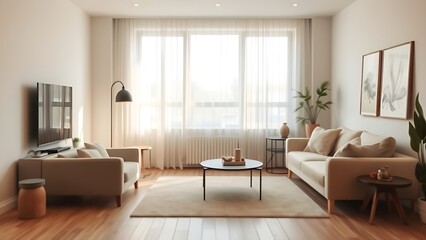 Simple living room with neutral tones and minimal furniture, creating a calm ambiance.