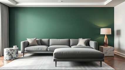 Modern living room with grey sofa and green accent wall, featuring elegant marble decor.
