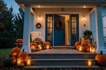 Obraz premium Cozy Autumn Farmhouse Porch with Pumpkins, Lantern, and Wreath at Golden Hour