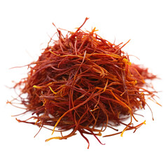 Naklejka premium A pile of dried red saffron threads, a precious spice known for its vibrant color and distinct flavor, isolated on a transparent background