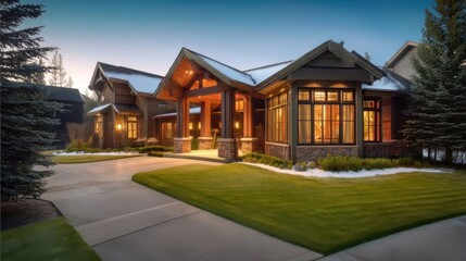 Naklejka premium A large two-story house at twilight with a wooden porch, stone and wood exterior, illuminated windows, snow on the roof,
