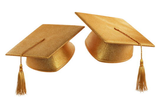  Gold graduation caps tilted white background