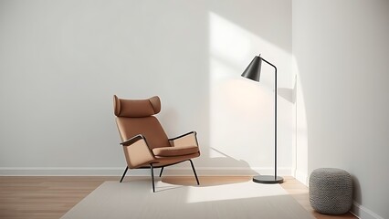 A minimalist living room corner featuring a modern armchair and floor lamp in neutral tones.