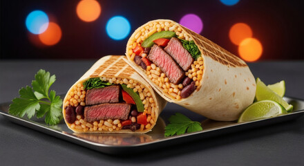Delicious Sliced Steak Burrito with Rice, Beans, and Peppers on a Metal Tray