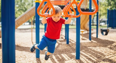Adorable toddler playing on monkey bars at playground, outdoor activity and childhood development